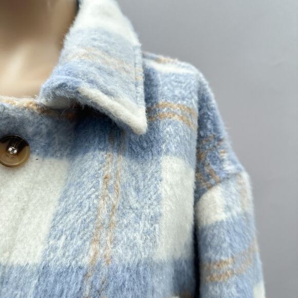 RDI Brushed Plaid Flannel Brushed Oversized Shacket Jacket Blue Women's Size L - Picture 4 of 12